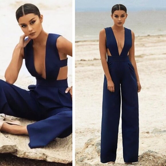 House of CB Pants - House of CB LaSalle Jumpsuit Navy Blue Cutout Beach Pool Vacation Resortwear